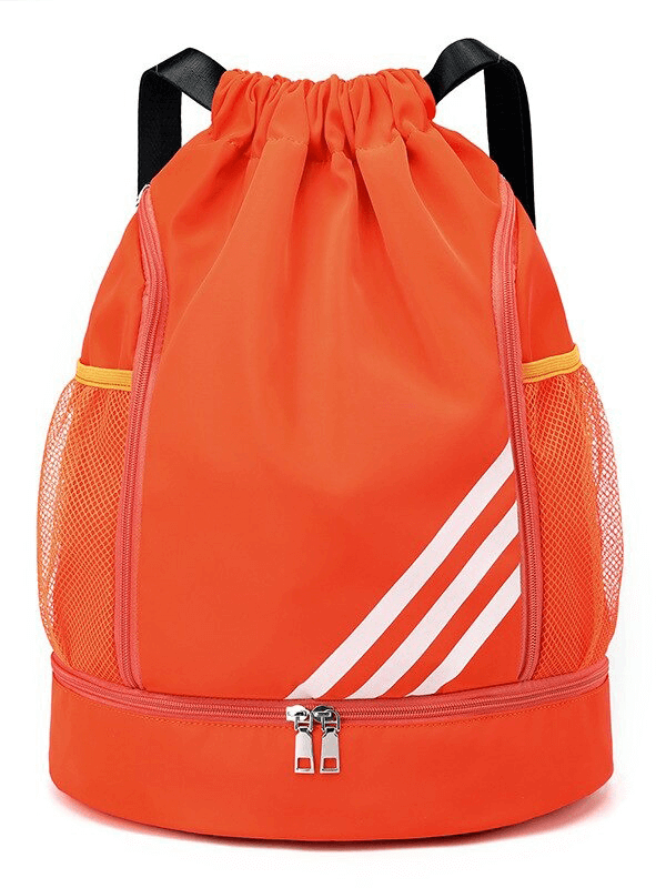 Unisex orange gym drawstring bag with white stripes, perfect for fitness or basketball. Waterproof nylon with softback design, SF0237.
